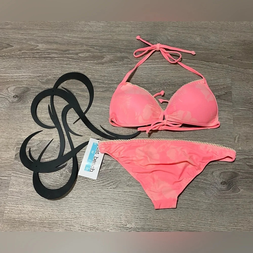 NWT Just Beach Pink Push Up Bikini Set Tropical Floral Cheeky Swim Medium